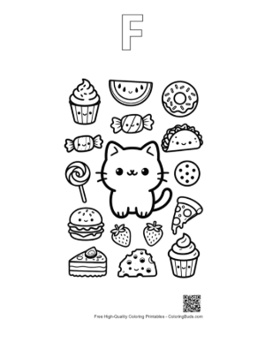 Thumbnail: Adorable Kawaii Bear Cub Playing with a Mini Tank in the Forest Printable Outline Alphabet F