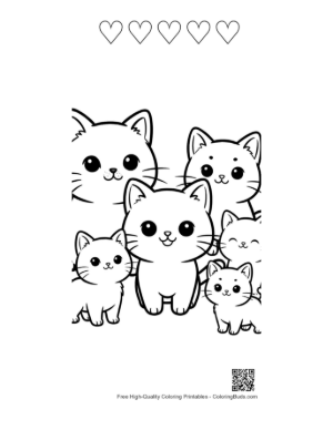 Thumbnail: Adorable Kawaii Kitten Family Lineart Printable and 5 Heart Outline