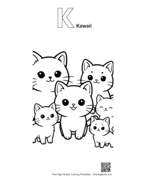 Thumbnail: Adorable Kawaii Kitten Family Lineart Printable Outline Alphabet K Kawaii