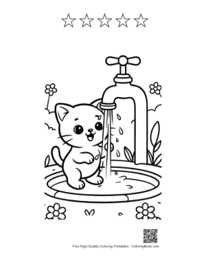 Thumbnail: Curious Kitten Playing with Water from a Garden Tap - Fun Outdoor Kitten Coloring Page Printable and 5 Star Outline