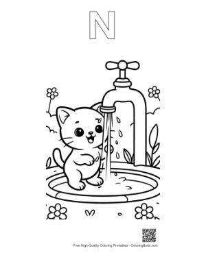Thumbnail: Curious Kitten Playing with Water from a Garden Tap - Fun Outdoor Kitten Coloring Page Printable Outline Alphabet N