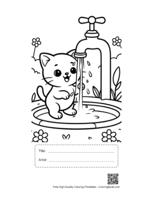 Thumbnail: Curious Kitten Playing with Water from a Garden Tap - Fun Outdoor Kitten Coloring Page Printable with Title and Artist Box