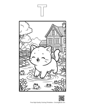 Thumbnail: Cute Astronaut Cat Floating in Outer Space with Stars Printable Outline Alphabet T