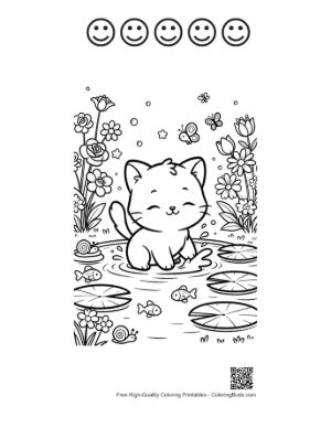 Thumbnail: Cute Kitten Reading a Map on a Tropical Island Beach Printable and 5 Happy Face Outline