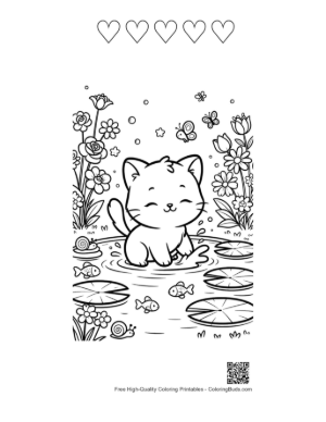 Thumbnail: Cute Kitten Reading a Map on a Tropical Island Beach Printable and 5 Heart Outline