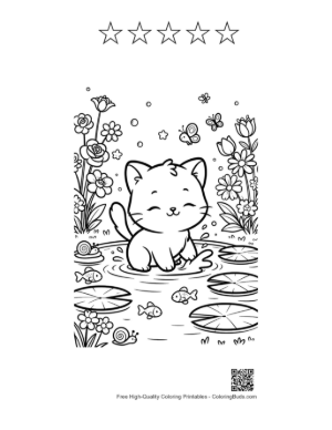 Thumbnail: Cute Kitten Reading a Map on a Tropical Island Beach Printable and 5 Star Outline