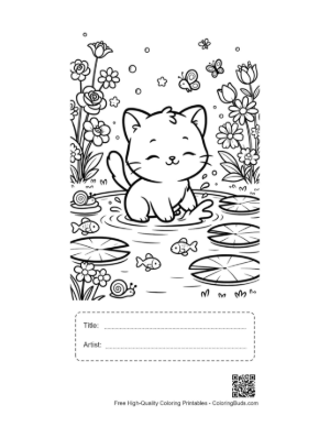 Thumbnail: Cute Kitten Reading a Map on a Tropical Island Beach Printable with Title and Artist Box