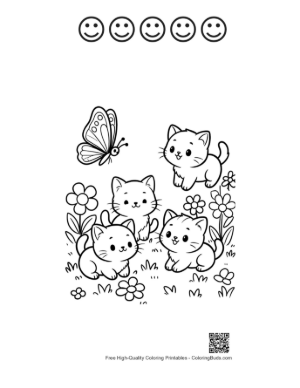 Thumbnail: Two Cute Kittens Cuddling on a Cozy Bed Coloring Page Printable and 5 Happy Face Outline