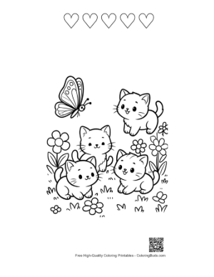 Thumbnail: Two Cute Kittens Cuddling on a Cozy Bed Coloring Page Printable and 5 Heart Outline