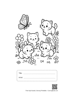Thumbnail: Two Cute Kittens Cuddling on a Cozy Bed Coloring Page Printable with Title and Artist Box