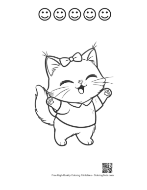 Thumbnail: Cheerful Maine Coon Kitten Dressed in a Sweater and Bow Winter Cat Line Art Printable and 5 Happy Face Outline