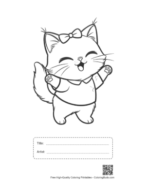 Thumbnail: Cheerful Maine Coon Kitten Dressed in a Sweater and Bow Winter Cat Line Art Printable with Title and Artist Box