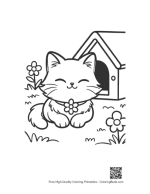 Thumbnail: Happy Maine Coon Kitten with a Flower by Its Pet House Garden Cat Coloring Printable