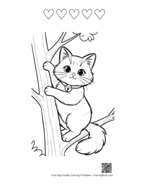 Thumbnail: Maine Coon Kitten Climbing a Tall Tree Trunk Cute Cat Coloring Page Outdoor Nature Adventure Printable and 5 Heart Outline