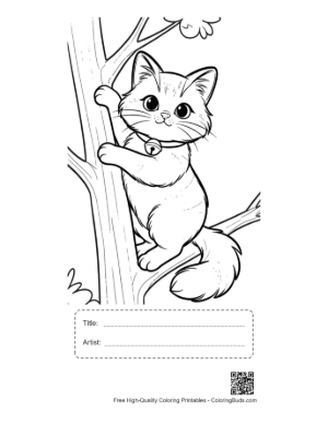 Thumbnail: Maine Coon Kitten Climbing a Tall Tree Trunk Cute Cat Coloring Page Outdoor Nature Adventure Printable with Title and Artist Box