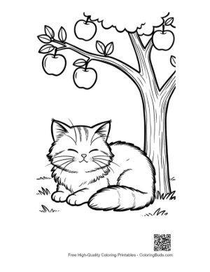 Thumbnail: Maine Coon Kitten Curled Up Under a Tree with Falling Apples Fall Season Coloring Printable