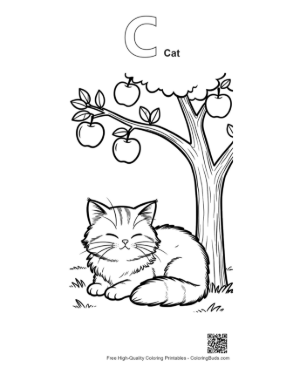 Thumbnail: Maine Coon Kitten Curled Up Under a Tree with Falling Apples Fall Season Coloring Printable Outline Alphabet C Cat