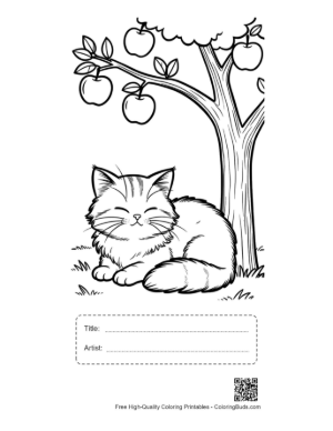 Thumbnail: Maine Coon Kitten Curled Up Under a Tree with Falling Apples Fall Season Coloring Printable with Title and Artist Box
