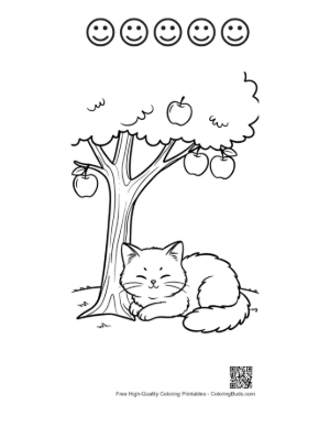 Thumbnail: Maine Coon Kitten Lying in a Field Under an Apple Tree Rural Cat Scene Coloring Printable and 5 Happy Face Outline
