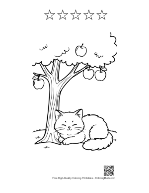 Thumbnail: Maine Coon Kitten Lying in a Field Under an Apple Tree Rural Cat Scene Coloring Printable and 5 Star Outline