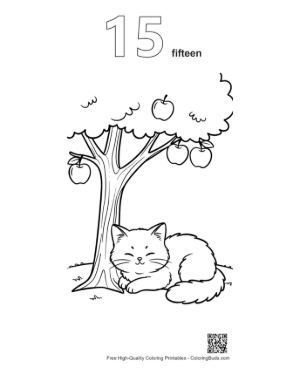 Thumbnail: Maine Coon Kitten Lying in a Field Under an Apple Tree Rural Cat Scene Coloring Printable Outline Number 15
