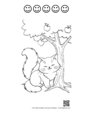 Thumbnail: Maine Coon Kitten Relaxing in the Grass Under an Apple Tree Nature Coloring Page Printable and 5 Happy Face Outline