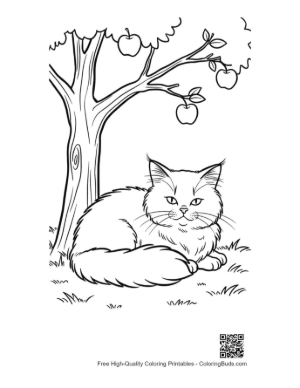 Thumbnail: Maine Coon Kitten Resting Under an Apple Tree Peaceful Orchard Scene Coloring Printable