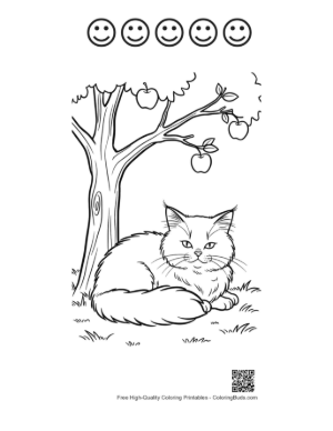 Thumbnail: Maine Coon Kitten Resting Under an Apple Tree Peaceful Orchard Scene Coloring Printable and 5 Happy Face Outline
