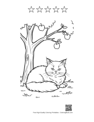 Thumbnail: Maine Coon Kitten Resting Under an Apple Tree Peaceful Orchard Scene Coloring Printable and 5 Star Outline