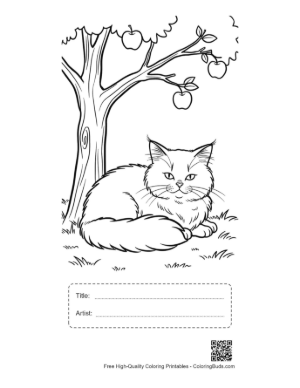 Thumbnail: Maine Coon Kitten Resting Under an Apple Tree Peaceful Orchard Scene Coloring Printable with Title and Artist Box