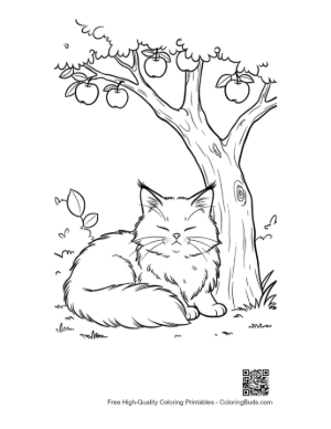Thumbnail: Maine Coon Kitten Sitting Under a Fruit Tree in the Backyard Domestic Cat Line Art Printable