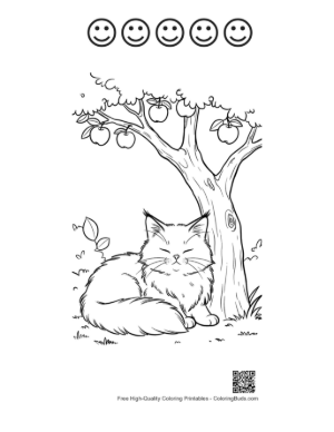 Thumbnail: Maine Coon Kitten Sitting Under a Fruit Tree in the Backyard Domestic Cat Line Art Printable and 5 Happy Face Outline