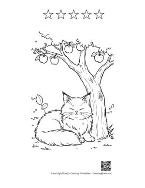 Thumbnail: Maine Coon Kitten Sitting Under a Fruit Tree in the Backyard Domestic Cat Line Art Printable and 5 Star Outline