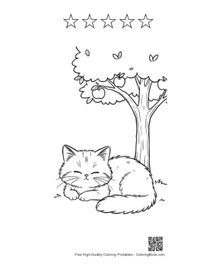 Thumbnail: Maine Coon Kitten Taking a Nap Under a Large Apple Tree Serene Cat Illustration Printable and 5 Star Outline