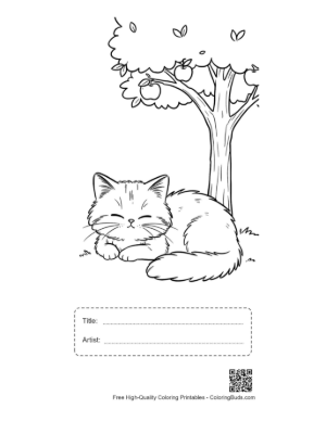 Thumbnail: Maine Coon Kitten Taking a Nap Under a Large Apple Tree Serene Cat Illustration Printable with Title and Artist Box