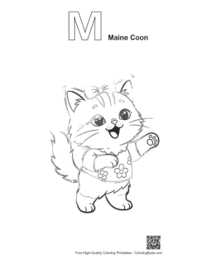 Thumbnail: Smiling Maine Coon Kitten in a Cozy Shirt Friendly Kitten Coloring Page for Children Printable Outline Alphabet M Maine Coon