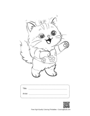 Thumbnail: Smiling Maine Coon Kitten in a Cozy Shirt Friendly Kitten Coloring Page for Children Printable with Title and Artist Box