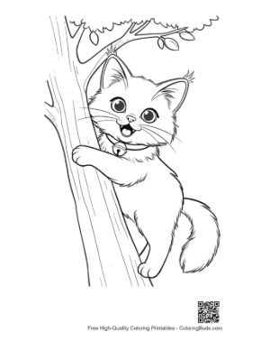 Thumbnail: Tiny Maine Coon Kitten Holding onto a Tree Trunk Sweet Animal Coloring Page Printable
