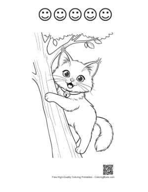 Thumbnail: Tiny Maine Coon Kitten Holding onto a Tree Trunk Sweet Animal Coloring Page Printable and 5 Happy Face Outline
