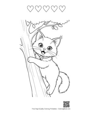 Thumbnail: Tiny Maine Coon Kitten Holding onto a Tree Trunk Sweet Animal Coloring Page Printable and 5 Heart Outline