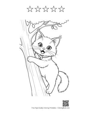 Thumbnail: Tiny Maine Coon Kitten Holding onto a Tree Trunk Sweet Animal Coloring Page Printable and 5 Star Outline