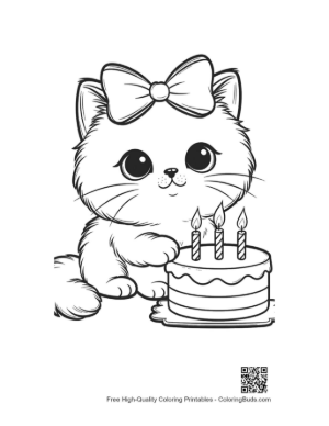 Thumbnail: Cute Persian Kitten Celebrating Birthday with a Cake Fluffy Cat Coloring Page Printable