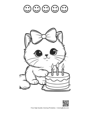 Thumbnail: Cute Persian Kitten Celebrating Birthday with a Cake Fluffy Cat Coloring Page Printable and 5 Happy Face Outline