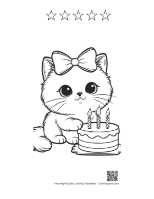 Thumbnail: Cute Persian Kitten Celebrating Birthday with a Cake Fluffy Cat Coloring Page Printable and 5 Star Outline