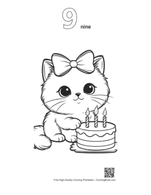 Thumbnail: Cute Persian Kitten Celebrating Birthday with a Cake Fluffy Cat Coloring Page Printable Outline Number 9