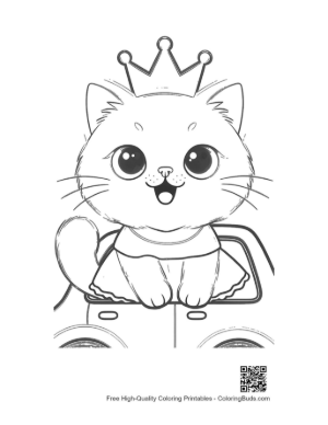 Thumbnail: Cute Persian Kitten Princess in a Small Car Playful Kitten Line Art Printable