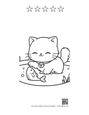Thumbnail: Fluffy Persian Kitten Sitting in a Basket with a Fish Cat Coloring Page Printable and 5 Star Outline