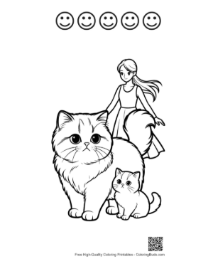 Thumbnail: Girl with Fluffy Persian Cat and Kitten Printable and 5 Happy Face Outline