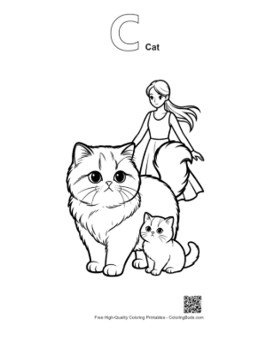 Thumbnail: Girl with Fluffy Persian Cat and Kitten Printable Outline Alphabet C Cat