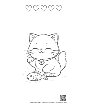 Thumbnail: Happy Persian Kitten Catching a Fish in a Pond Fun Animal Coloring Printable and 5 Heart Outline